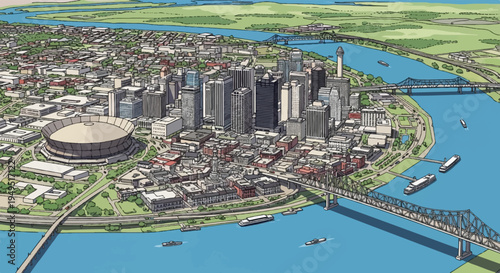 New Orleans Louisiana cityscape with Superdome and Mississippi River.