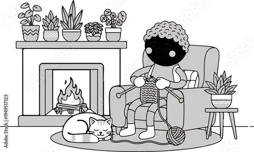 Person knitting in a cozy armchair with a sleeping cat.
