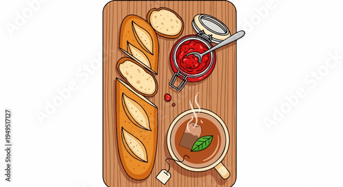 Freshly baked baguette with jam and tea on a wooden board.