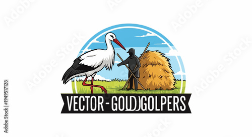 Stork and farmer with hay bale vector illustration for agricultural themes.