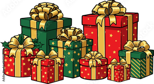 Vibrant Assortment of Wrapped Christmas Presents with Ribbons and Bows.