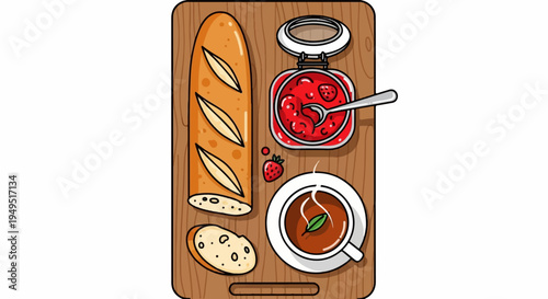 Overhead view of a delightful breakfast spread with baguette jam and tea.