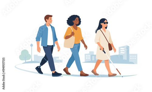 A modern lifestyle diversity concept where individuals with different appearances walk confidently through a calm urban setting, represented with three walking figures, a simple