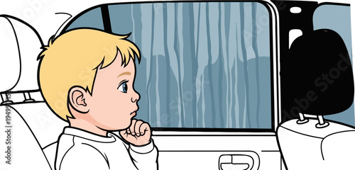 Cute baby boy with blonde hair sitting in car seat looking out window.