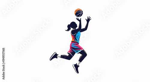 Dynamic silhouette of a female basketball player in midair colorful vibrant design.