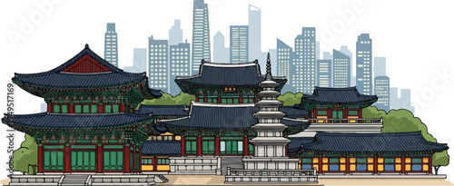 Traditional Korean Palace and Pagoda with Modern Cityscape Background.