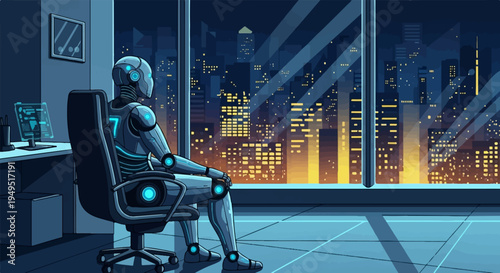 Futuristic Robot Sitting in Office Chair Contemplating.