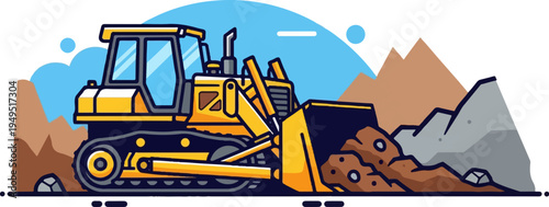 Heavyduty yellow bulldozer pushing earth and rocks on a construction site.