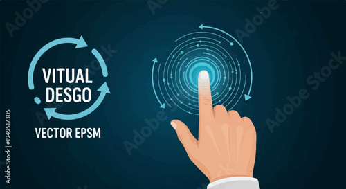 Hand touching virtual screen with glowing circle and arrows.
