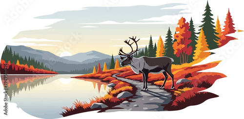 Majestic Reindeer Standing by a Serene Lake in Autumn Landscape.