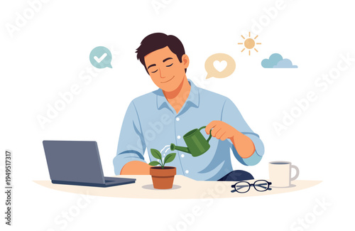 A professional practicing mindful breaks to maintain sustainable productivity during the workday, visual metaphor of a relaxed worker sitting beside a closed laptop while gently