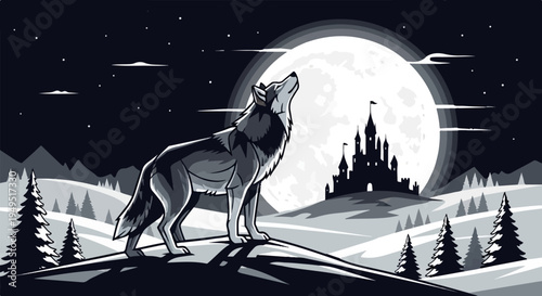 Majestic wolf howling under the full moon at night.