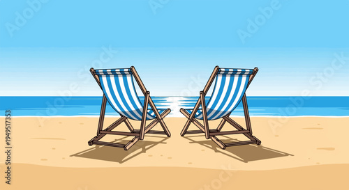 Two striped beach chairs on sandy shore.