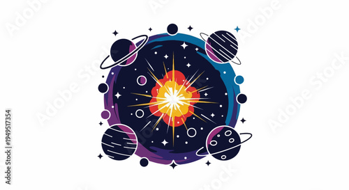 Big Bang theory universe creation with planets and stars.