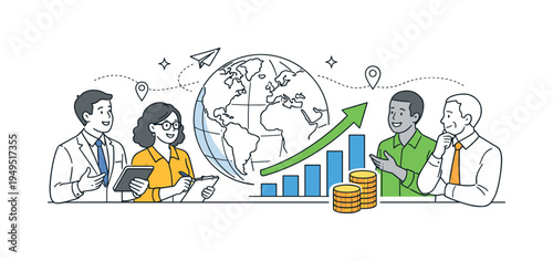 A global economic collaboration scene where professionals from different regions discuss international markets and financial opportunities in a connected world, using a clear
