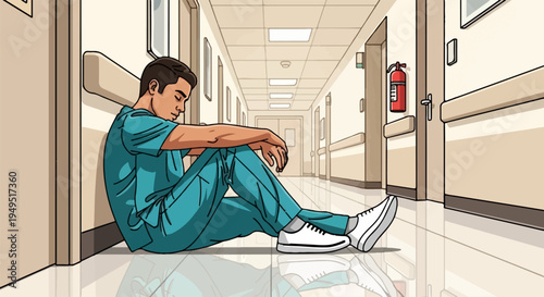 Exhausted male nurse sitting on hospital floor.