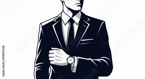 Stylish man in a suit with a watch black and white illustration.