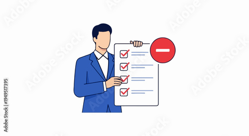 Businessman holding checklist with red minus sign.
