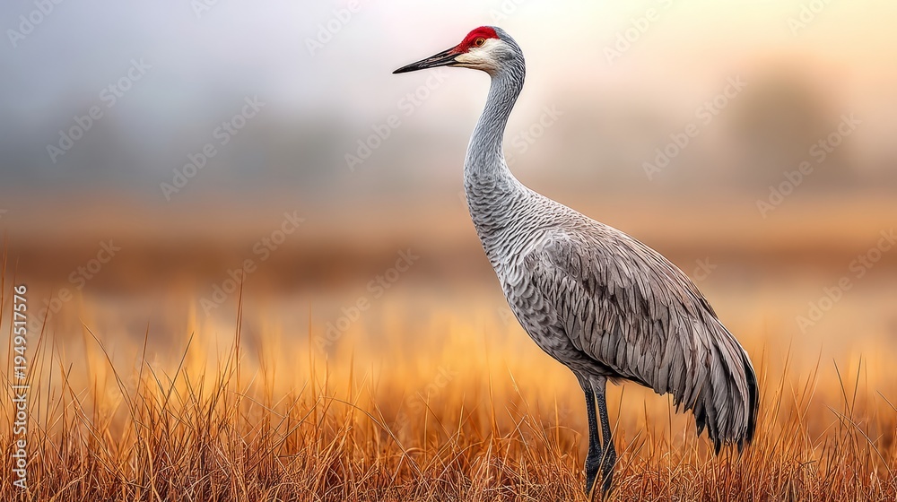 Obraz premium Sandhill Crane Standing Gracefully in Tall Prairie Grass at Sunrise
