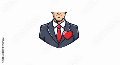 Man in suit with red heart symbolizing love and professionalism.