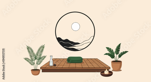 Minimalist Japanese Tea Ceremony Setup with Plants and Art.