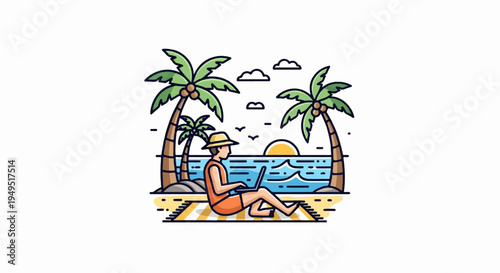 Person working remotely on laptop at tropical beach sunset.