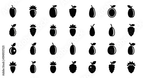 Assorted Fruit Icons Set: Berries, Plums, Pears, Apples, Cherries - Vector Graphics