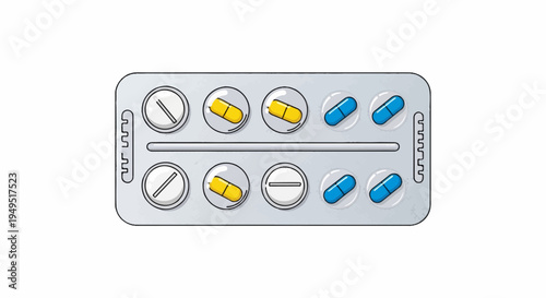 Blister pack with various pills and capsules for medical treatment.