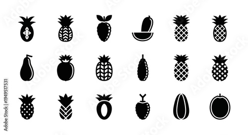 Assorted Tropical Fruit Icons: Pineapples, Pears, and Melons in Black and White