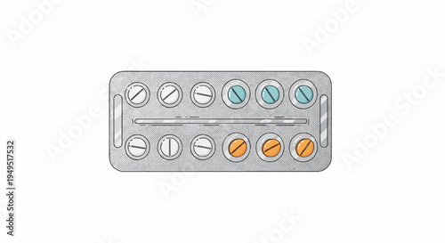 Blister pack with various colored pills for medical treatment.