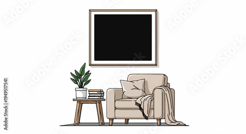 Cozy living room corner with armchair side table plant and blank frame.