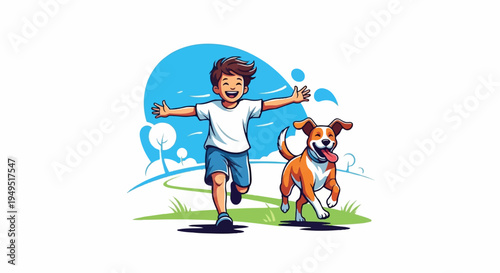 Happy boy running with his dog.