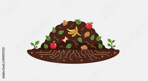 Compost pile with organic waste and plant roots.
