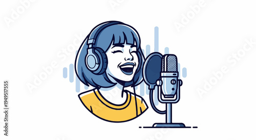 Young Woman Recording Podcast or Singing with Microphone and Headphones.