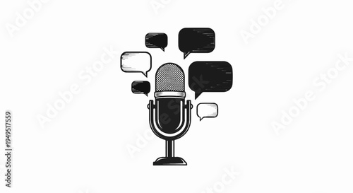 Microphone with Speech Bubbles Representing Communication and Podcasting.