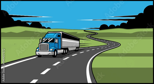Blue semi truck driving on a winding road.