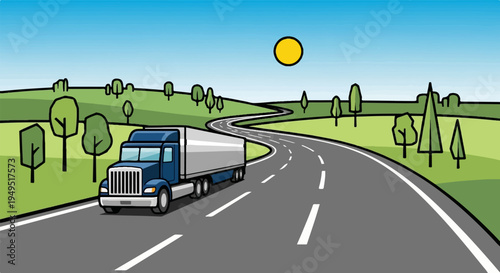 Blue semitruck with white trailer driving on a winding road.