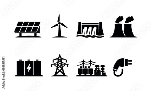 Renewable energy infrastructure: solar panel array, wind turbine tower, hydro dam, geothermal plant, battery storage unit, power transmission tower, electric substation, charging