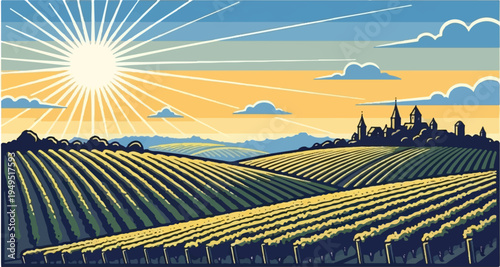 Vibrant Vineyard Landscape Under Golden Sunlight.