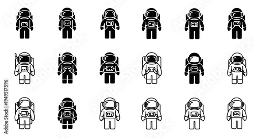 Astronaut Icon Set: Diverse Poses and Styles for Space Exploration and Sci-Fi Projects