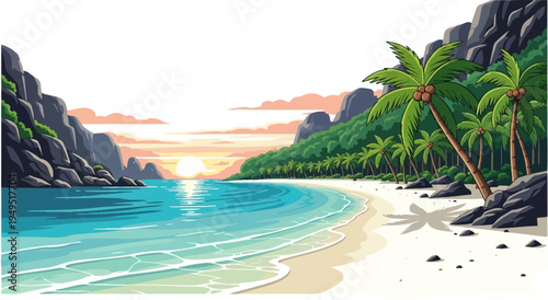 Tropical Beach Paradise with Palm Trees and Ocean Sunset.