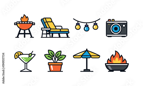 Urban rooftop entertainment: barbecue grill, patio lounge chair, string lights, outdoor speaker, cocktail glass, potted plant, sun umbrella, rooftop fire pit
