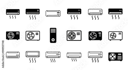 Air Conditioner Icons Set: Cooling Devices, HVAC Systems, Climate Control, Vector Graphics