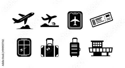 Airplane Travel Icons Set: Flight, Airport, Luggage, Ticket, Control Tower