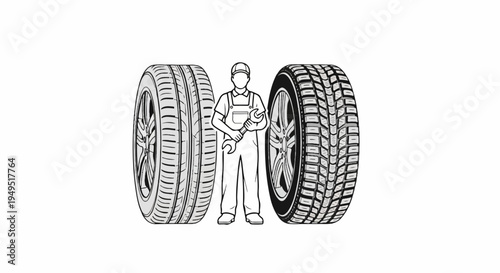 Mechanic standing between two large tires ready for automotive service.