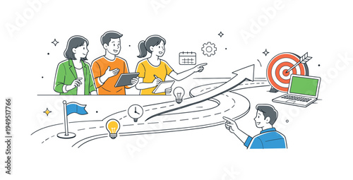 Professionals coordinating project milestones during a collaborative planning meeting, several coworkers gathered around a large roadmap path leading toward a target placed beside
