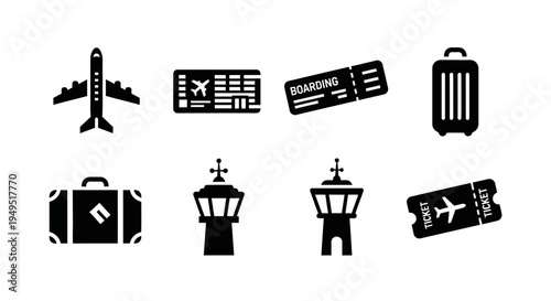 Airport Icons Set: Airplane, Luggage, Tickets, Control Tower - Travel and Transport Symbols