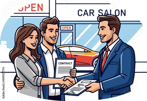 Couple shaking hands with car salesman after purchasing a new vehicle.