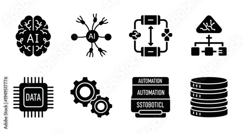 AI Technology Icons: Brain, Network, Data Chip, Gears, Automation, Database