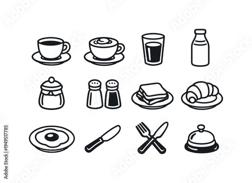 Cafe breakfast table: coffee cup with saucer, cappuccino cup with foam swirl, glass of orange juice, milk bottle, sugar jar, salt and pepper shakers, plate with toast, plate with